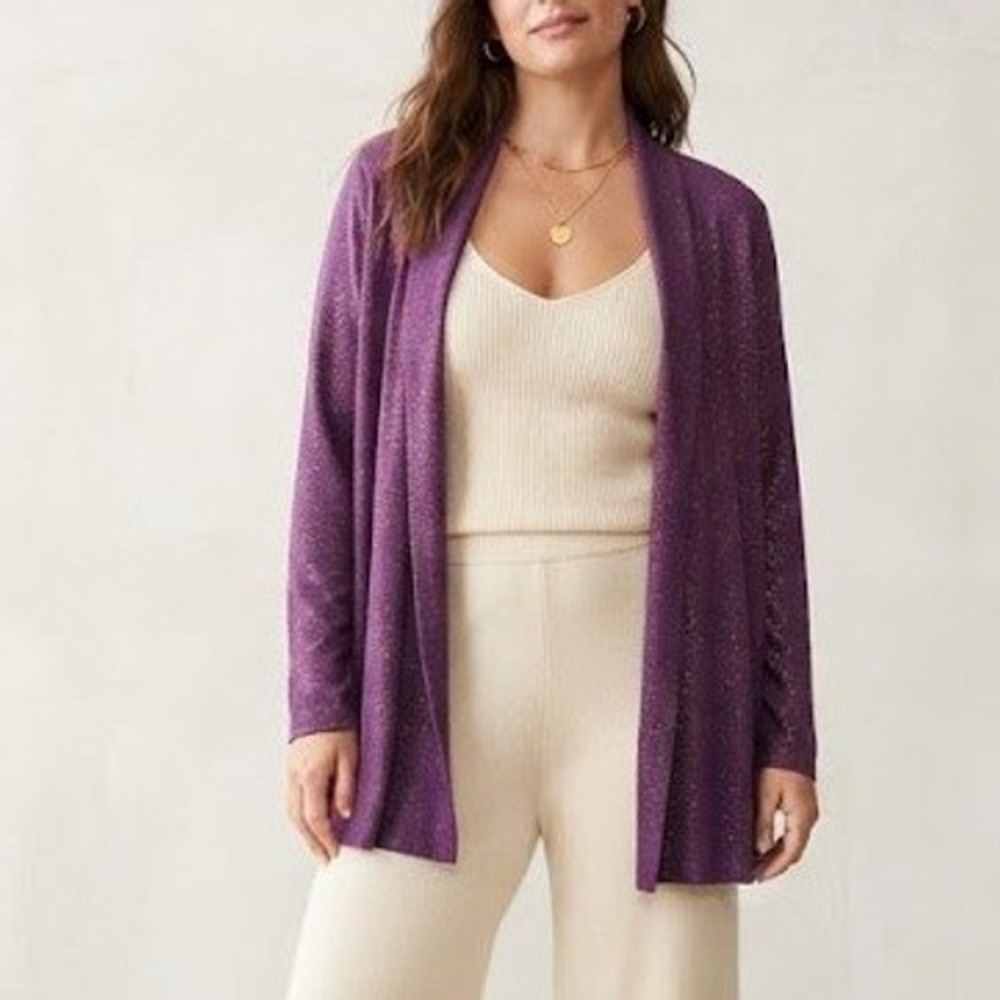 Soma Cardigan Womens Large Purple Gold Speckle Open Front Draped Shawl Layering